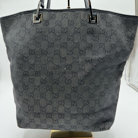 Gucci-Authentic-Vintage Tote Bag GG Black Denim/ Leather straps & Piping - Picture 8 of 16